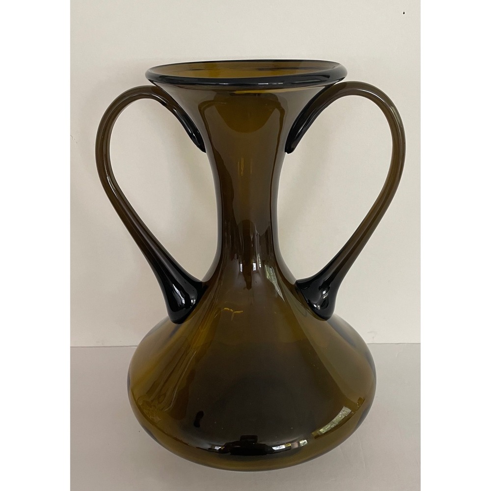 Vtg Mid Century Modern Empoli Glass Double Handle Hand Blown Olive Brown 10.5"" - Picture 10 of 14